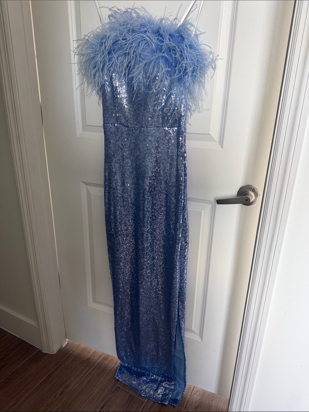 Sparkling Blue Sequin Feather-Trim Gown